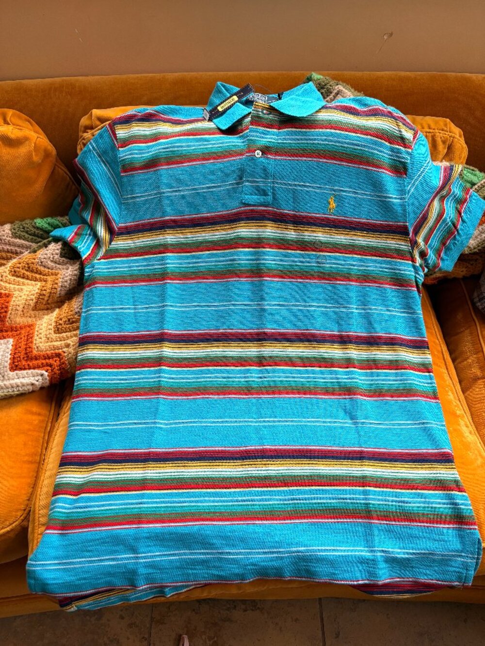 NWT New Polo Ralph Lauren Blue Shortsleeve Mesh Striped Stripe Polo Golf Shirt